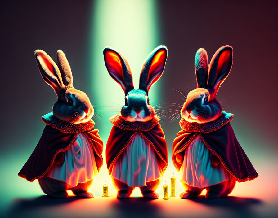 Whimsical anthropomorphized rabbits in regal capes under dramatic lighting