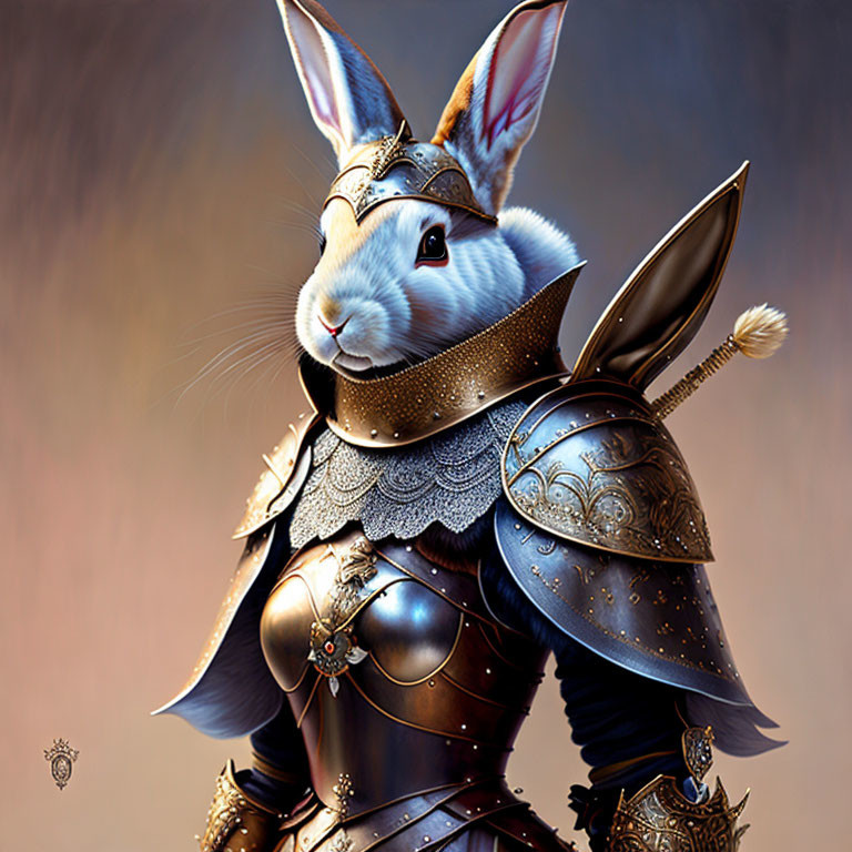 Anthropomorphic rabbit in medieval armor with helmet and shoulder guards on soft background