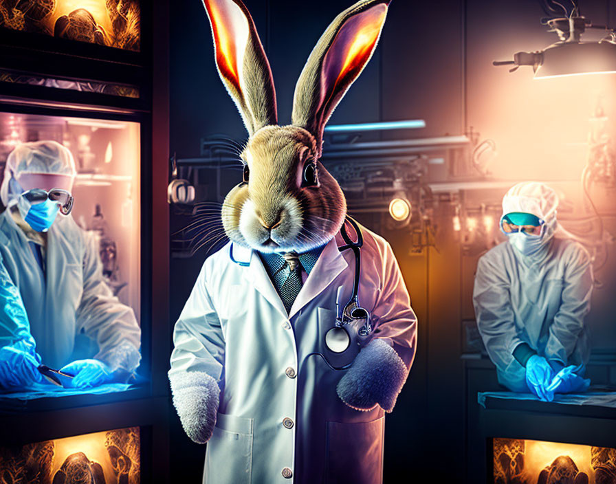 Humanoid rabbit in doctor's coat in futuristic lab with scientists.