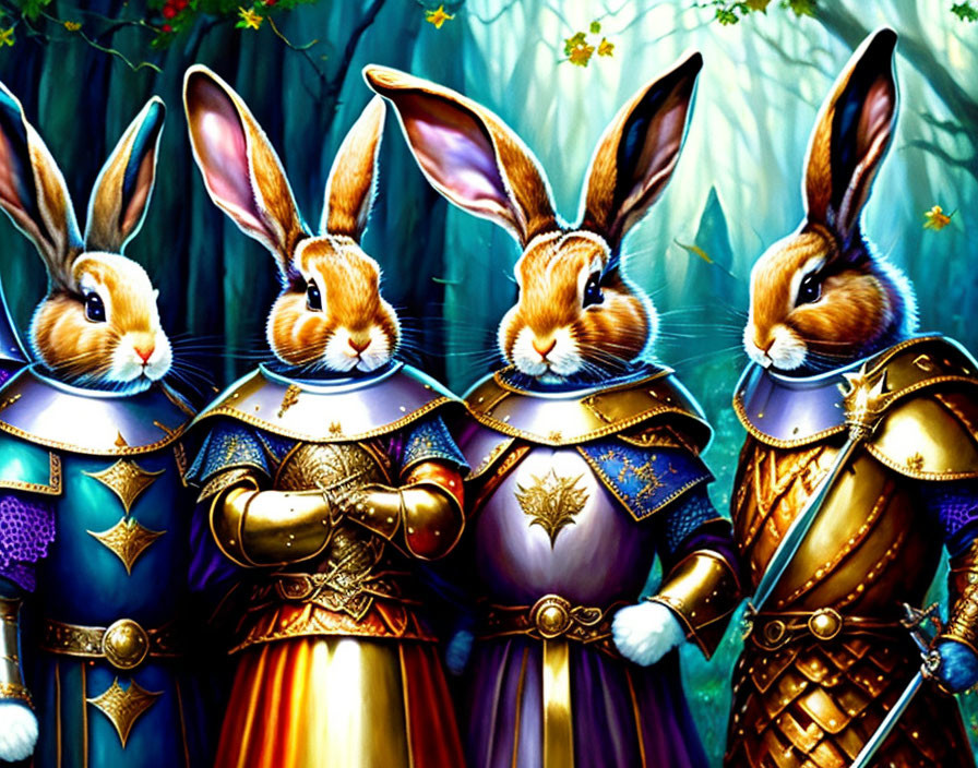 Anthropomorphic rabbits in medieval armor in forest setting