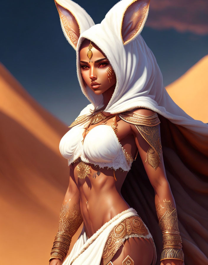 Digital Art: Woman with Fox Ears in White Outfit with Gold Tattoos & Jewelry