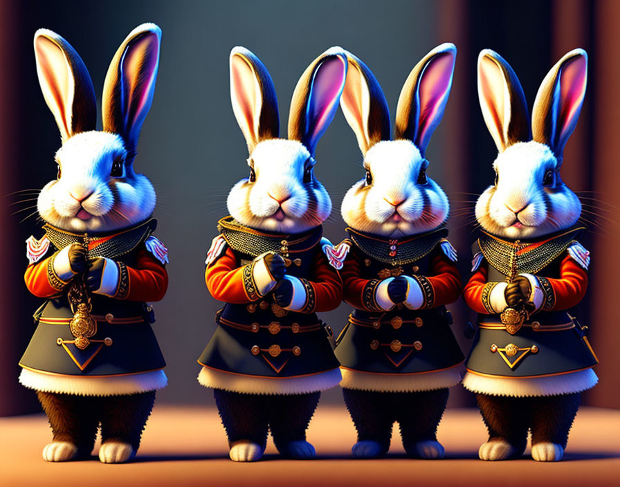 Anthropomorphized rabbits in ornate military uniforms on dark backdrop