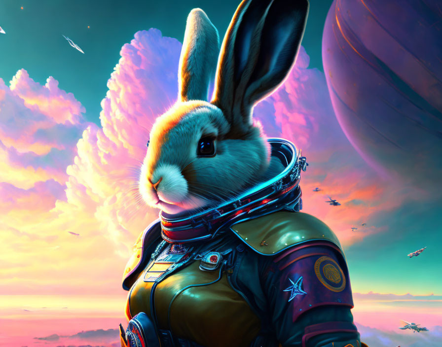 Anthropomorphic rabbit astronaut in space suit with vibrant alien sky.