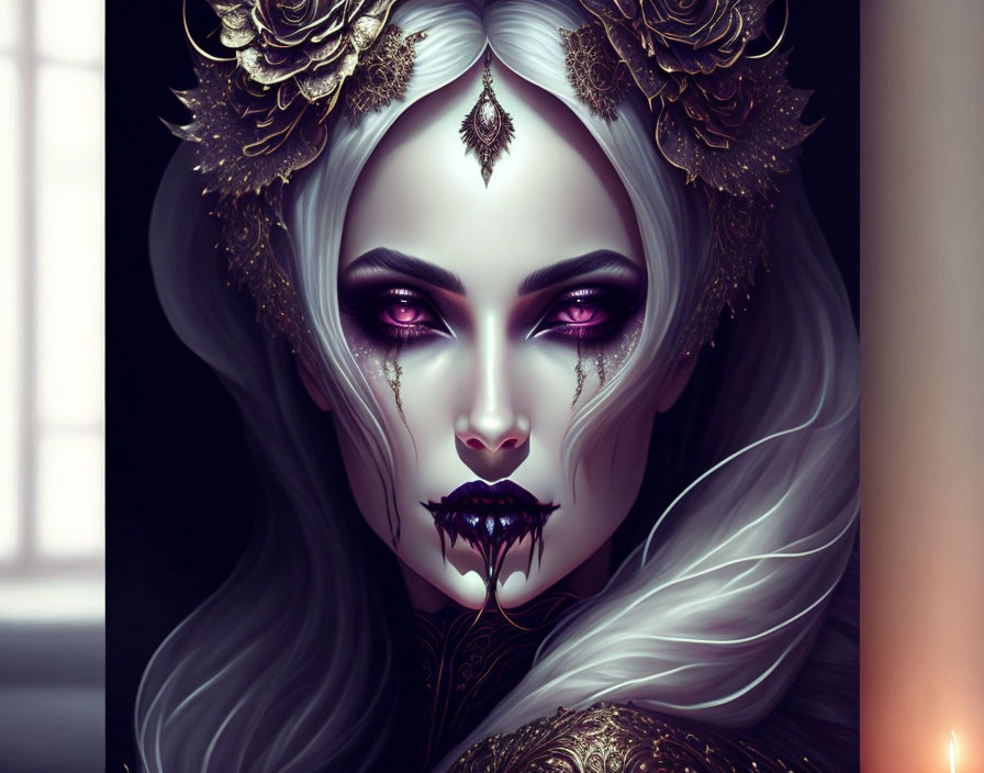 Fantasy character with pale skin, purple eyes, dark lips, and gold headpiece