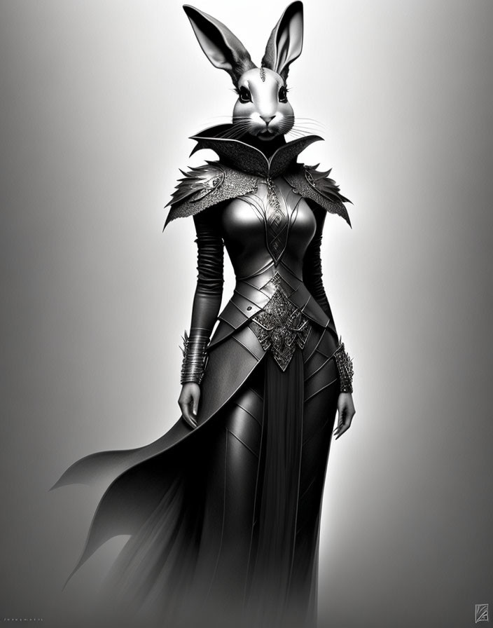 Anthropomorphic rabbit in sleek black armor with intricate details