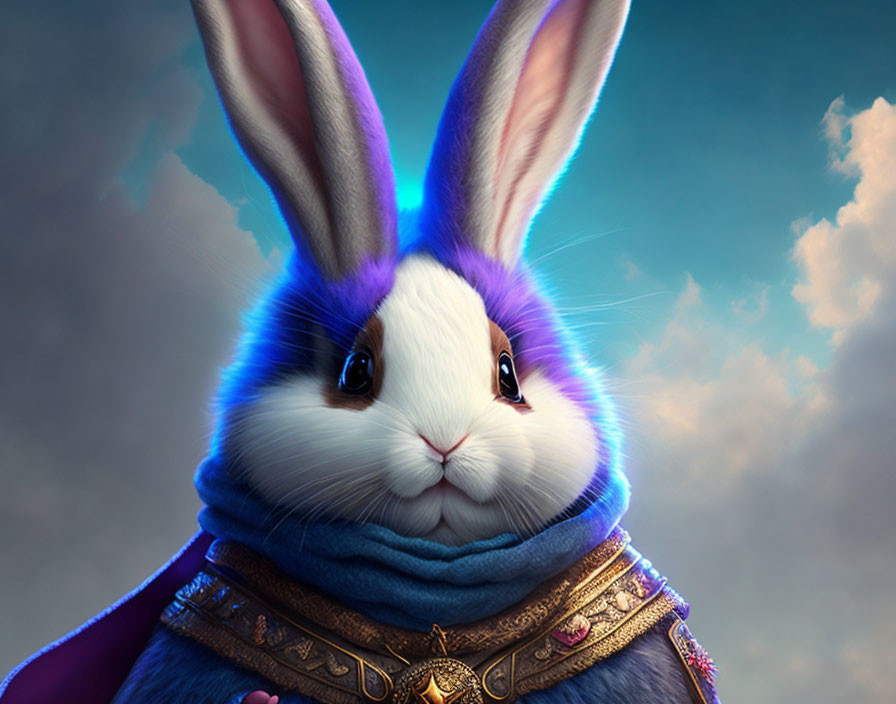 Digital artwork: Rabbit with humanoid features in blue scarf and armor on cloudy sky.