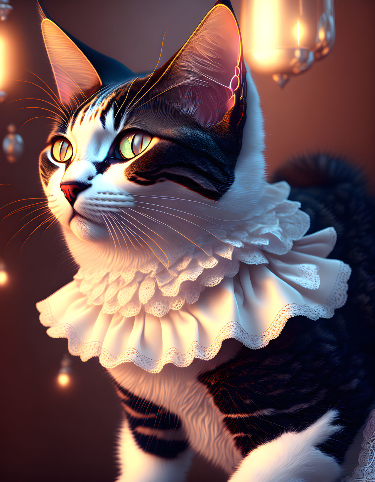 Detailed anthropomorphic cat in Elizabethan collar on warm glowing background