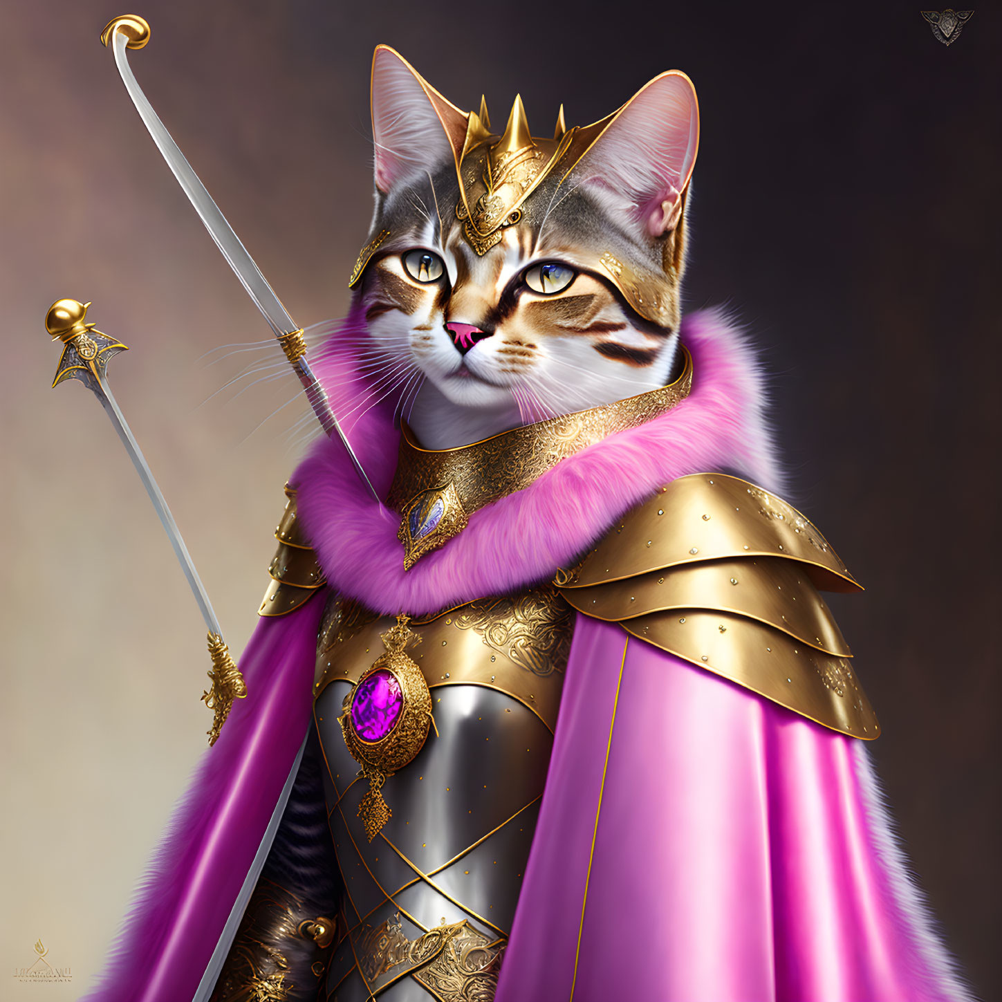 Regal Cat in Golden Armor and Crown with Scepter