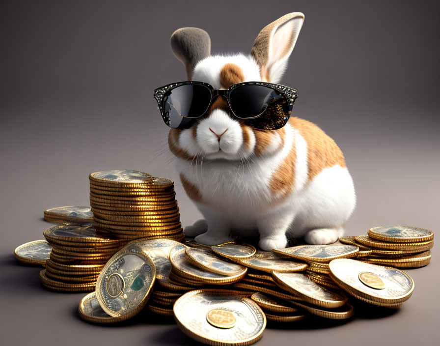 Cool Rabbit with Sunglasses Surrounded by Gold Coins