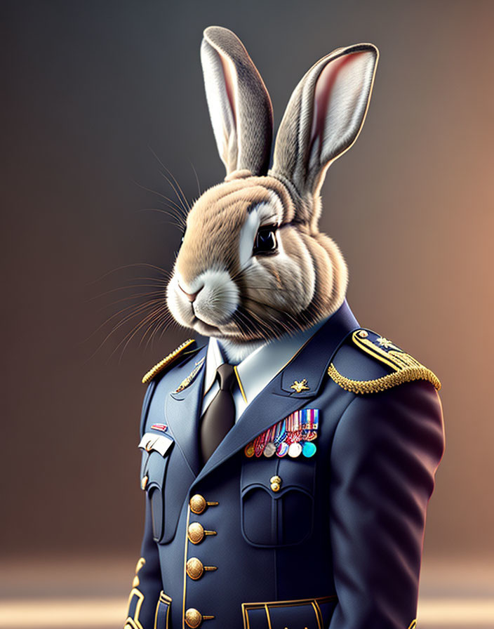 Anthropomorphic rabbit in military uniform with medals