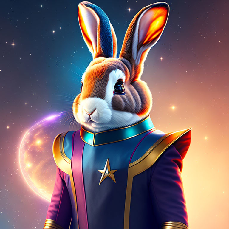 Futuristic anthropomorphic rabbit illustration in space uniform