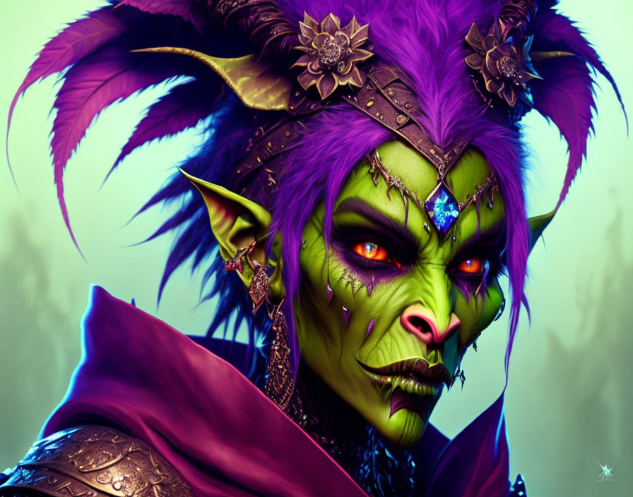 Fantasy character digital artwork: green skin, pointed ears, purple hair, intricate headpiece.