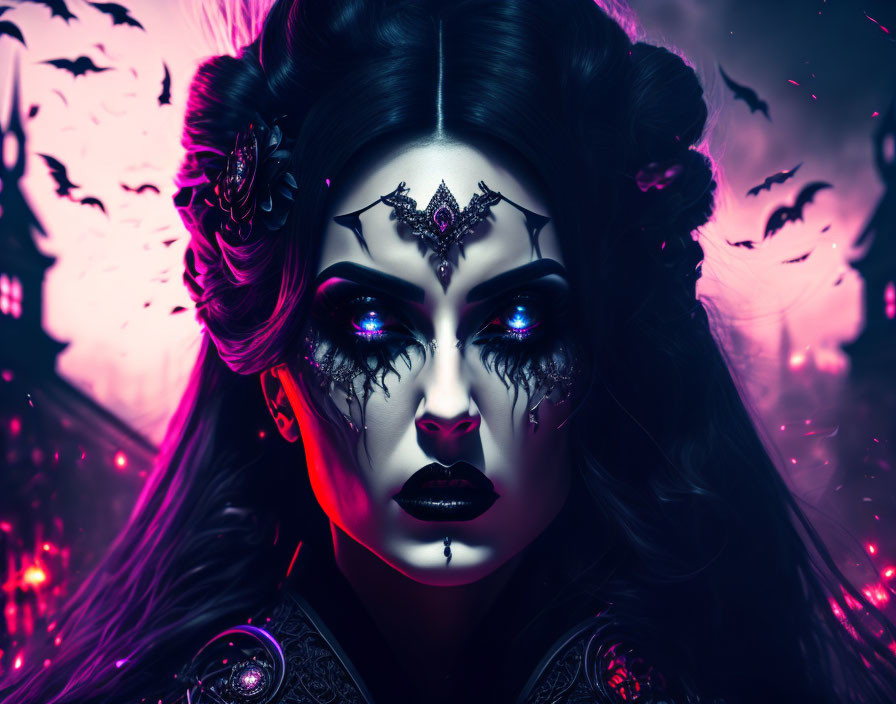 Woman with Dark Makeup and Intricate Headpieces in Mystical Purple Setting with Asian Architecture Silhouettes