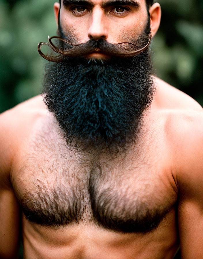 Bearded man with curled mustache in outdoor portrait.