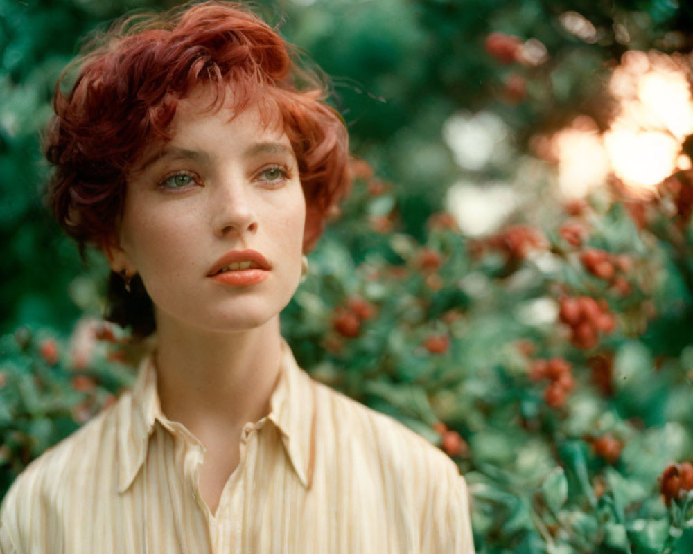 Red-Haired Woman in Yellow Blouse Among Green Foliage and Flowers