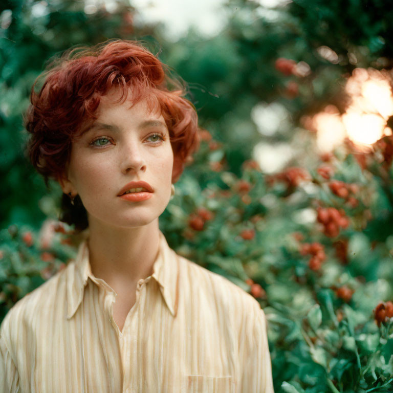 Red-Haired Woman in Yellow Blouse Among Green Foliage and Flowers