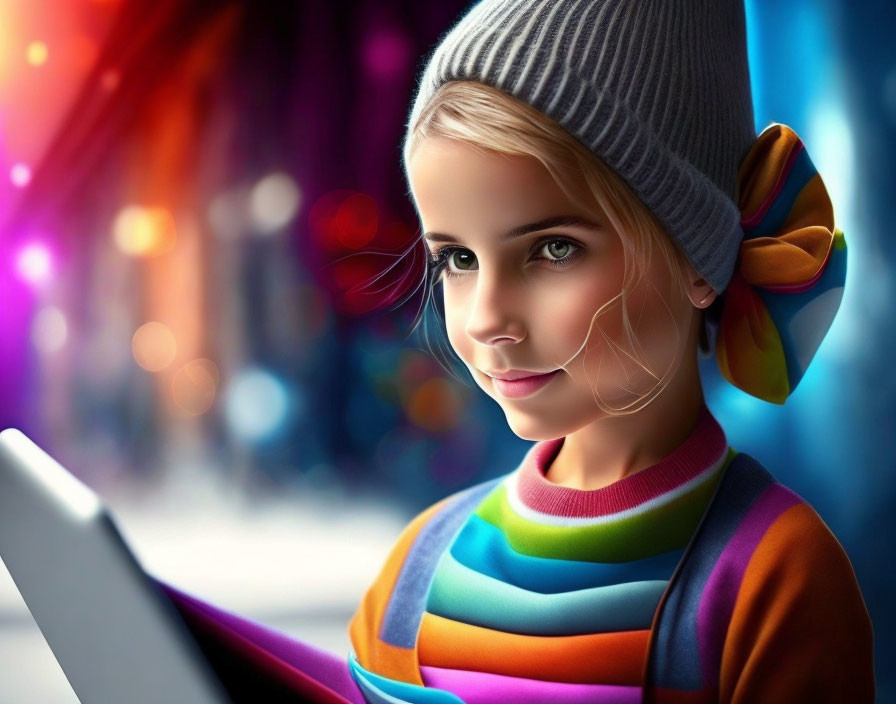 Young girl with blonde hair in beanie and colorful top holding tablet in digital artwork