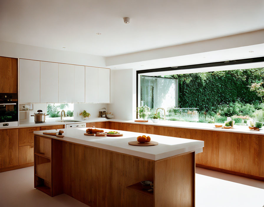 Contemporary Kitchen with Wooden Cabinets, White Countertops, Island, and Garden View