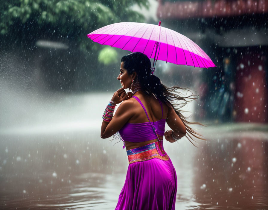 Woman in Purple Dress with Pink Umbrella in Rain