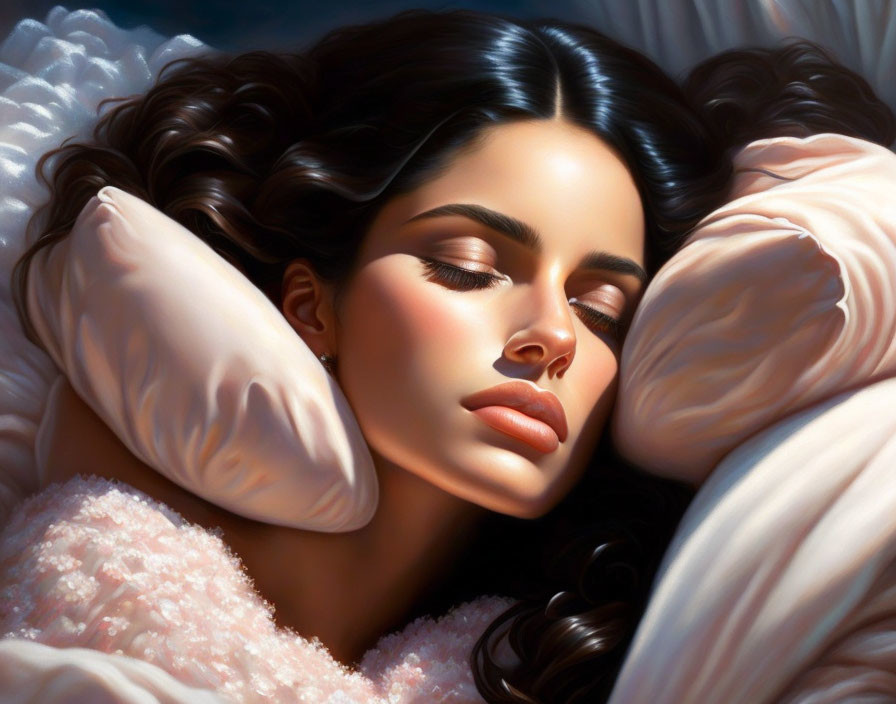 Woman with Dark Hair Sleeping Surrounded by White Pillows and Pink Blanket