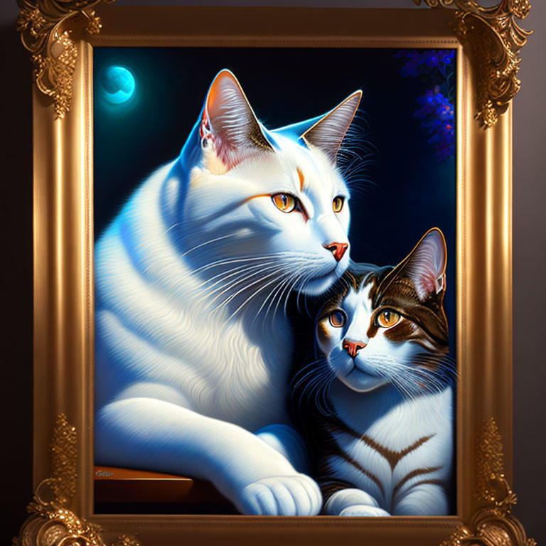 Digital Artwork: Two Cats with Blue Eyes in Golden Frame on Moonlit Background