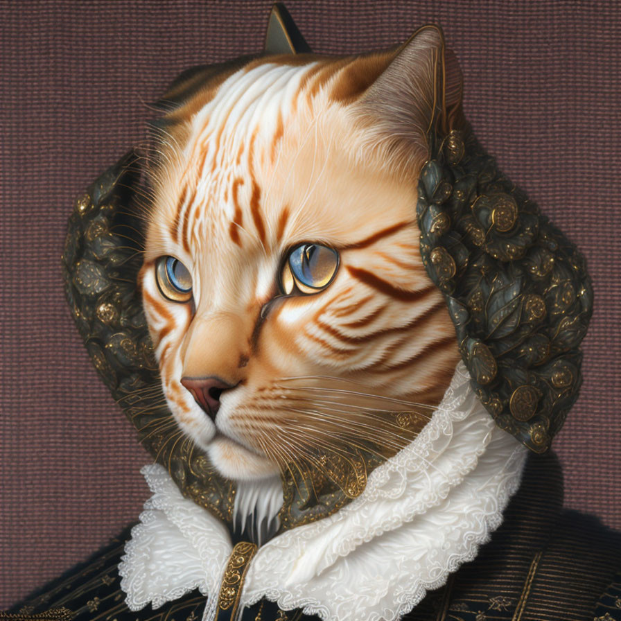 Orange Tabby Cat in Royal Attire with Blue Eyes