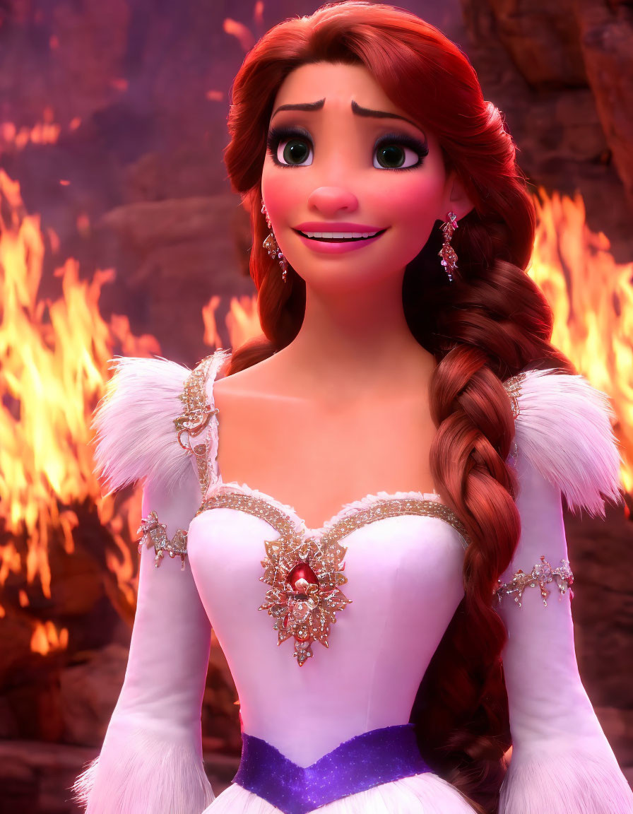 Red-haired animated character in white dress with gold details against fiery backdrop