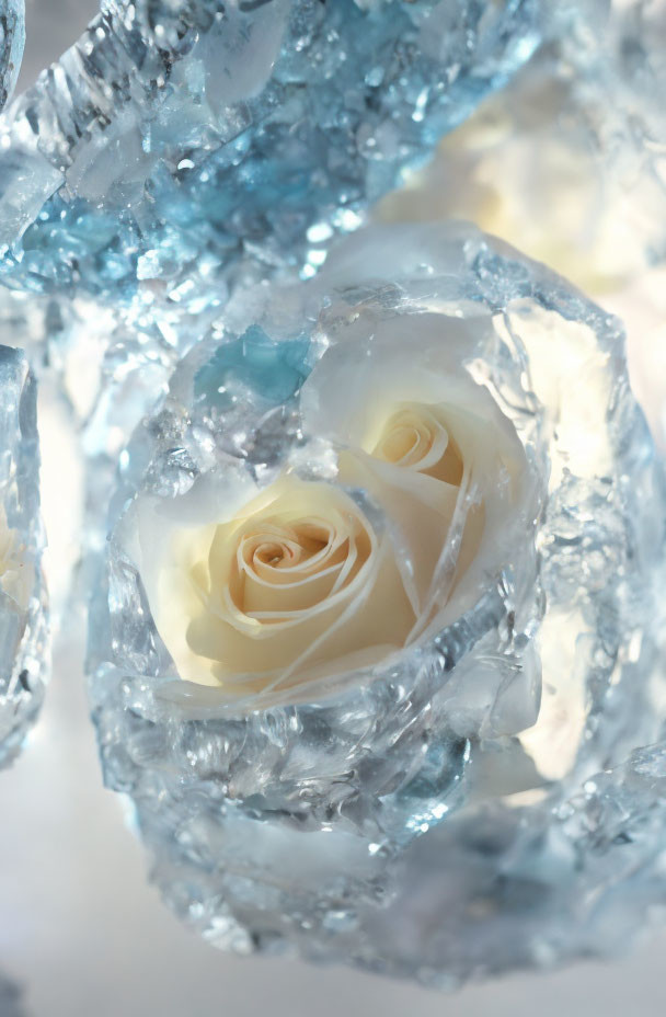 White roses in translucent blue crystal-like structures: delicate and ethereal.