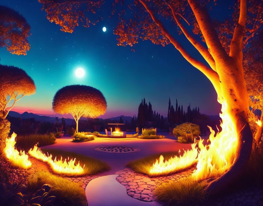 Enchanting night landscape with glowing trees and fiery rings