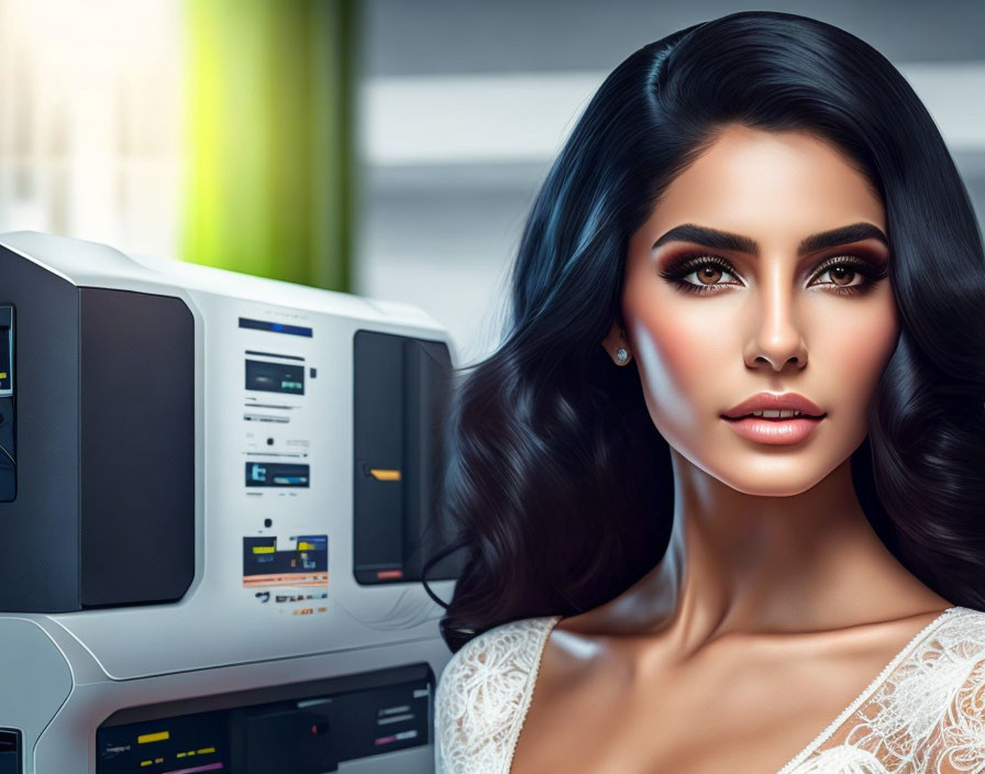 Digital image: Woman with flawless makeup and hair by multifunction printer in modern office.