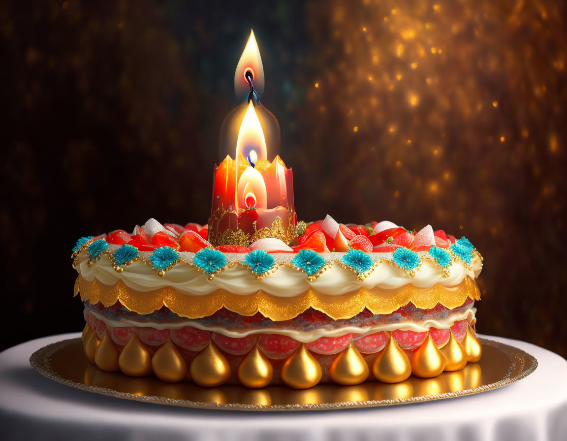 Birthday cake with lit candle, cream dollops, blue and red edible flowers on bokeh background