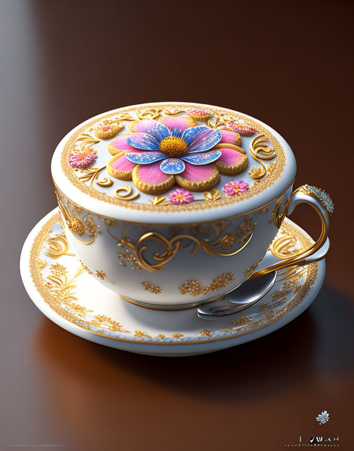 Elegant teacup and saucer with gold detailing and colorful floral design on shiny surface