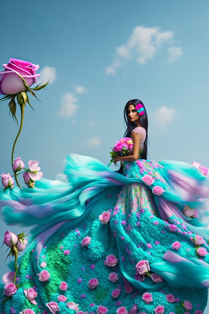 Woman in Turquoise Dress with Pink Roses and Giant Rose in Sky-blue Background