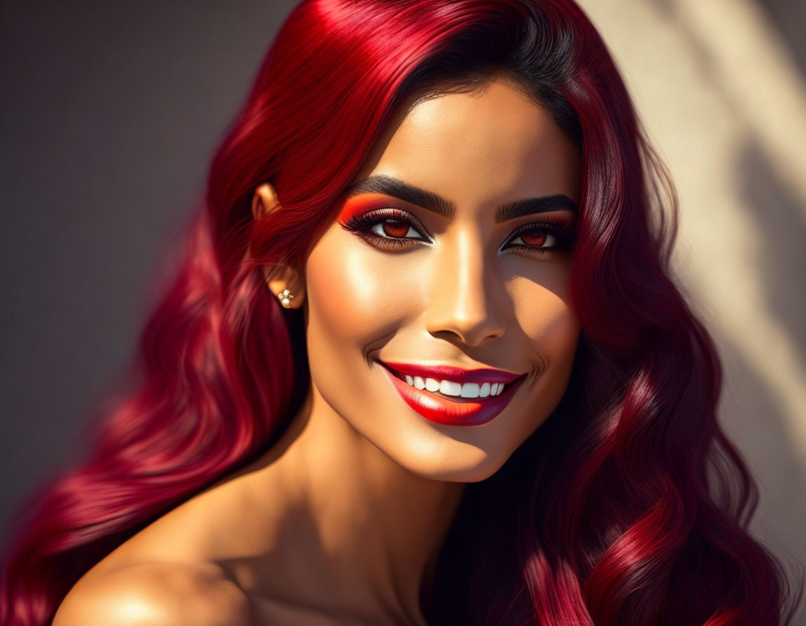 Vibrant digital portrait of a woman with red hair and bold makeup