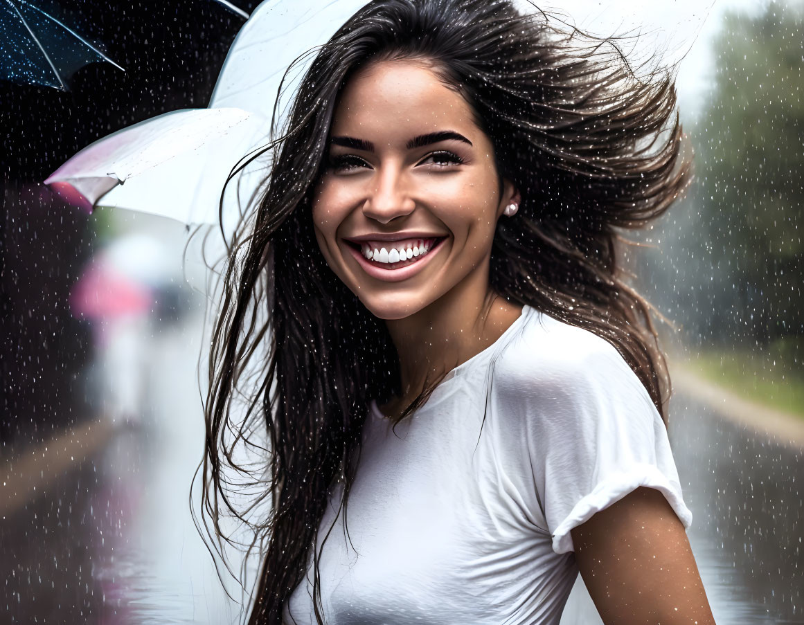 Smiling woman with long hair holding umbrella in the rain