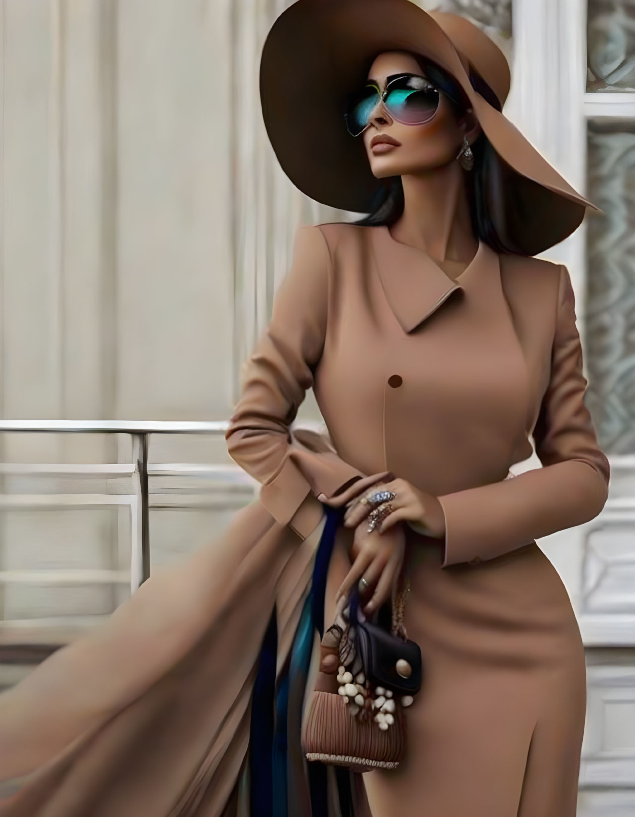 Fashionable individual in tan coat, oversized hat, sunglasses, and black handbag posing elegantly