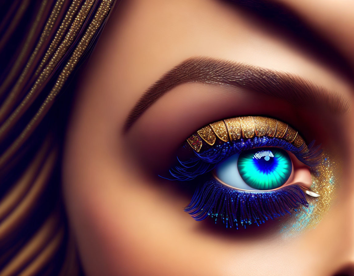 Detailed Close-Up of Woman's Eye with Blue Iris and Golden Eyeliner