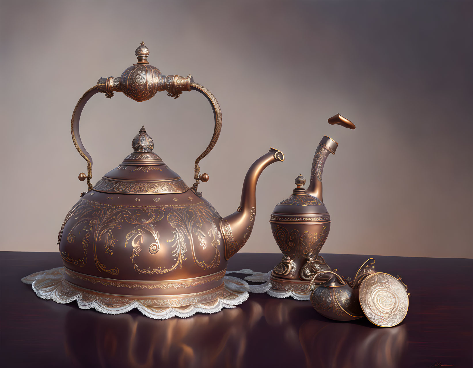 Intricately designed teapot, smaller pot, and cup on lace doily and wooden surface