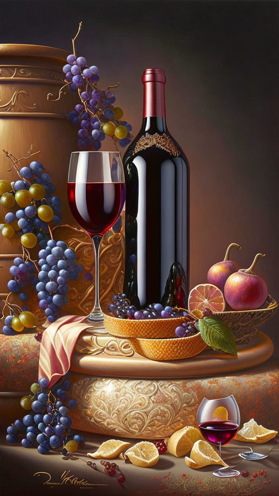 Classic Still Life with Red Wine, Fruits, and Fabric Drapery