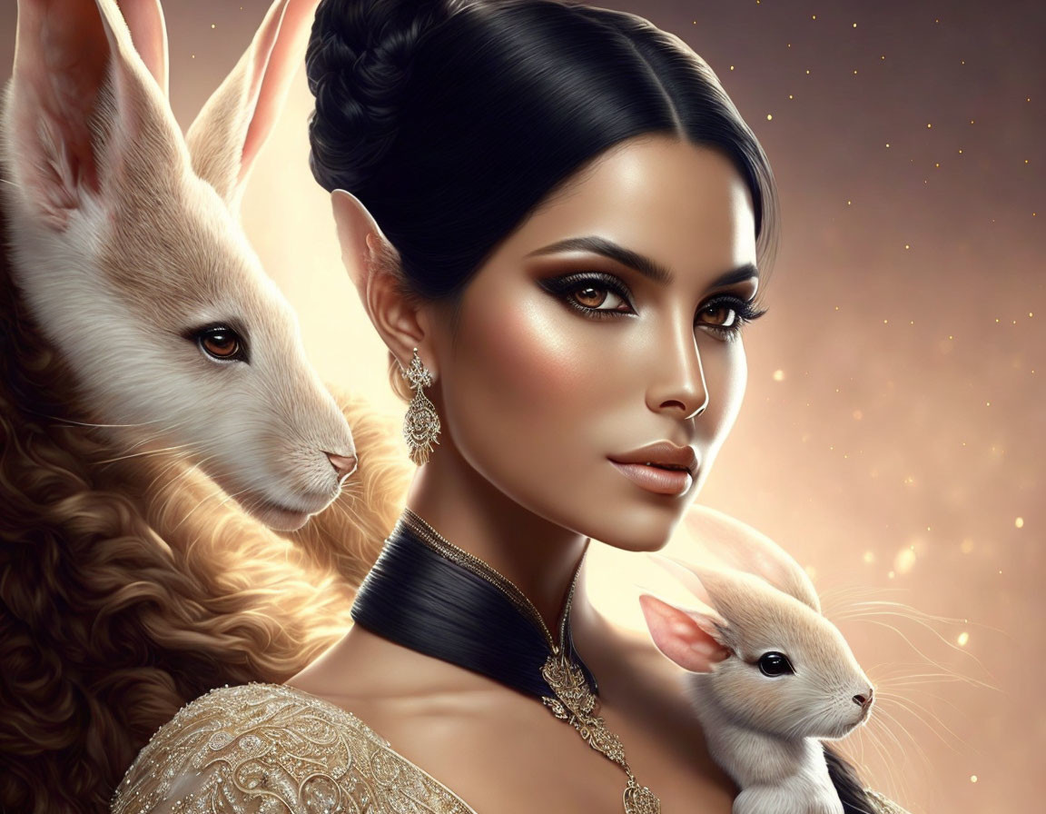 Illustrated portrait of woman with sleek hair and makeup next to stylized fawn and white creature on