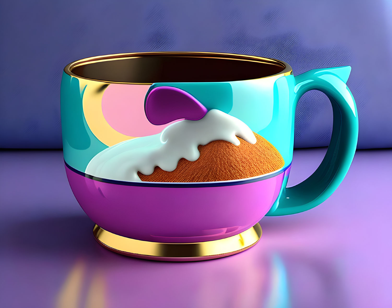 Colorful 3D Cup Overflowing on Purple Background