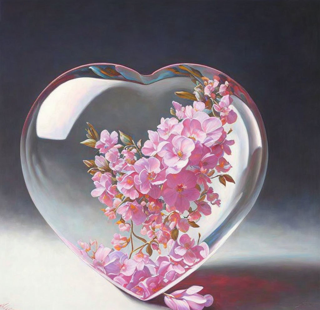 Heart-shaped glossy object with pink flowers on shaded background