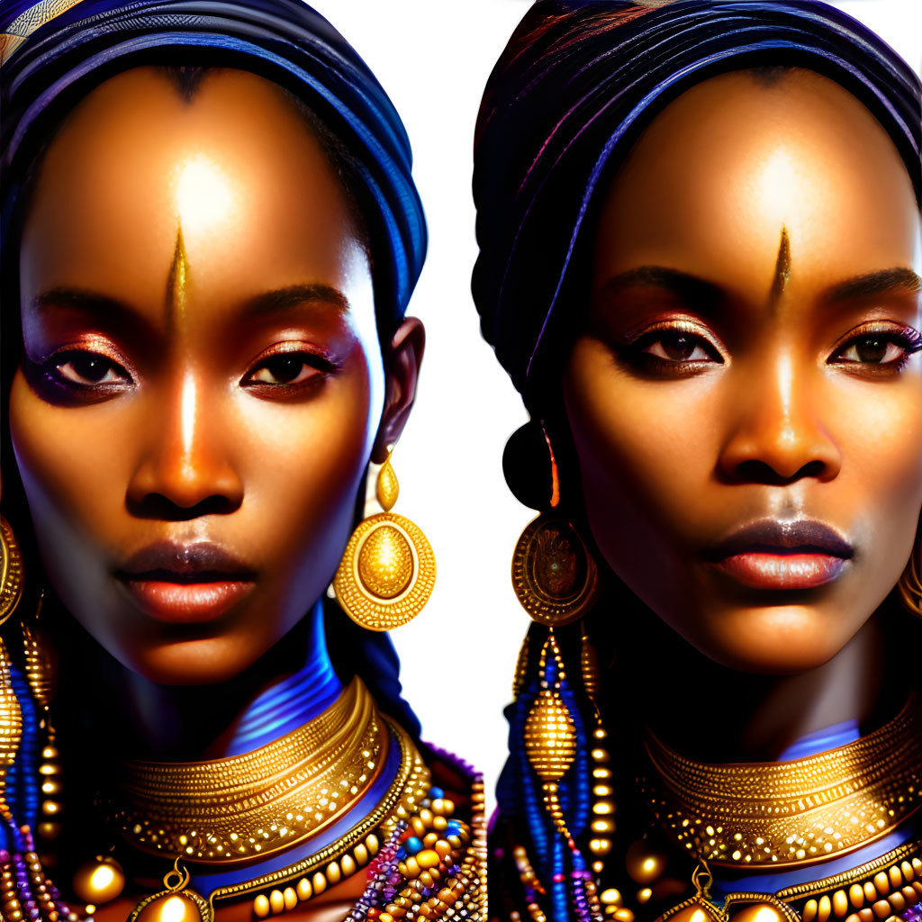 Symmetrical portrait of woman with head wrap, gold jewelry, and vibrant makeup