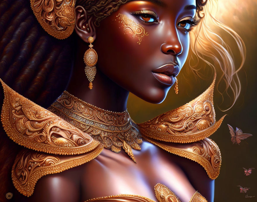 Digital artwork of woman with golden jewelry and butterfly shoulder detail