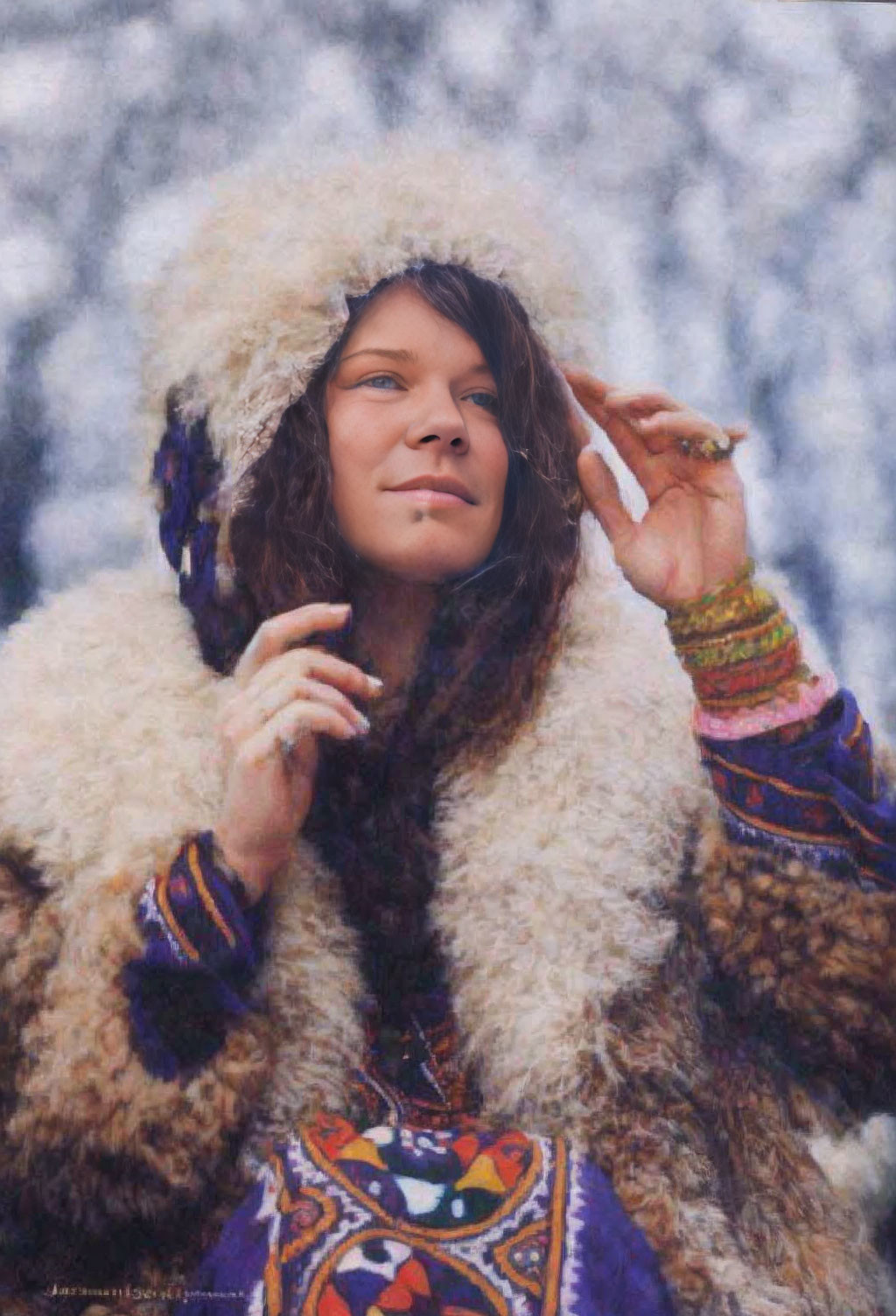 Traditional fur coat with colorful embroidery in snowy backdrop