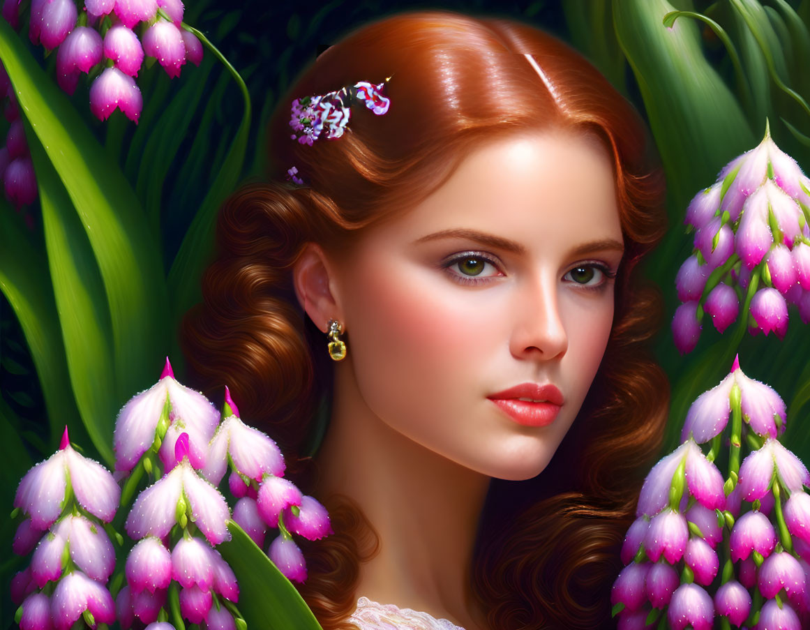 Digital portrait of woman with red hair, fair skin, light makeup, pink flowers, green leaves