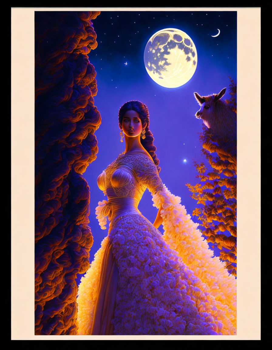 Illustration of woman in gown under starry sky with wolf