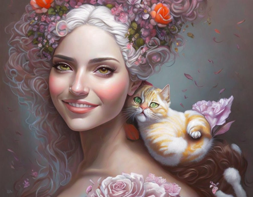 Smiling woman with white floral hair adornments holding orange tabby cat