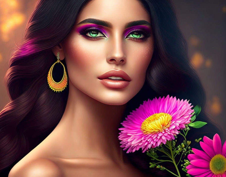 Colorful digital portrait of woman with green eyes, purple eyeshadow, glossy lips, holding pink