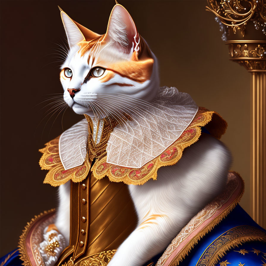 Regal white and orange cat in gold-trimmed royal costume